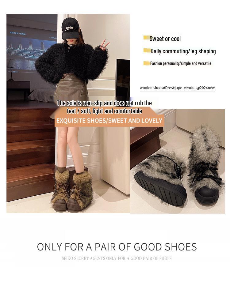 Retro Furry Big-Head Women's Snow Boots: 2025 Winter, Warm, Cold-Resistant, Thick-Soled, Fashionable, Popular