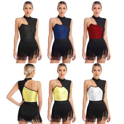 Women's Shiny Sequins Tassel Latin Jazz Dance Leotard Sleeveless Bodysuit Dance Costume