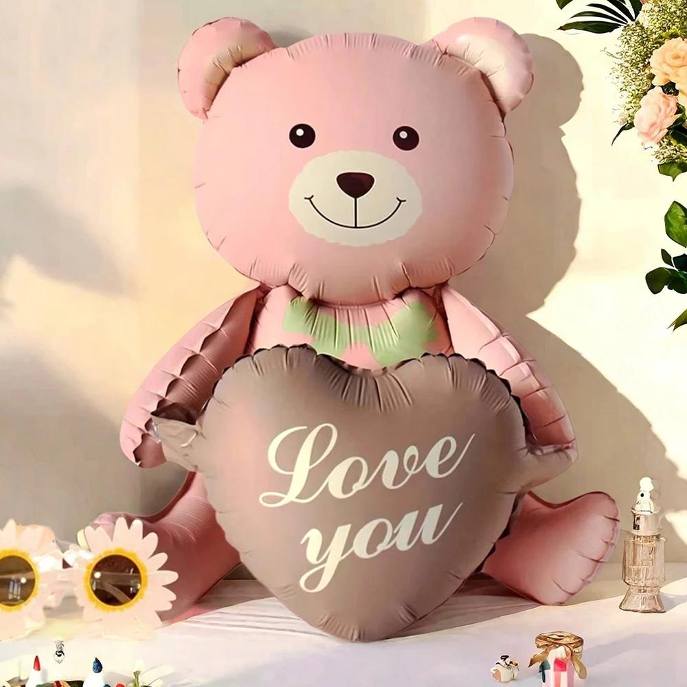 3D Matte Standing Bear Foil Balloons Bear Hold Heart Wedding Birthday Party Decoration Balloons Gifts Supplies