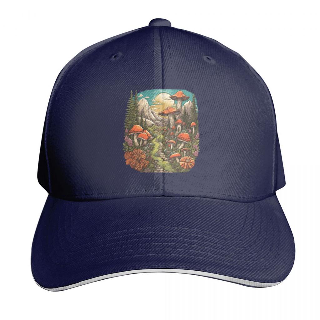 Mountain Mushroom Haven Baseball Cap Breathable Mesh Back Adjustable Buckle Closure Moisture Wicking Quick Dry