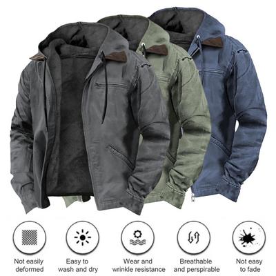Men Sweatshirt Coat with Hooded Long Sleeve Multiple Pockets Zipper Placket Thickened Plush Lining Jacket