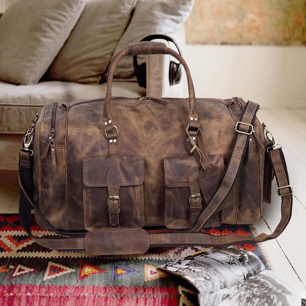 Handmade Top Grain Leather Duffle Bag: Weekender Travel Gym Bag