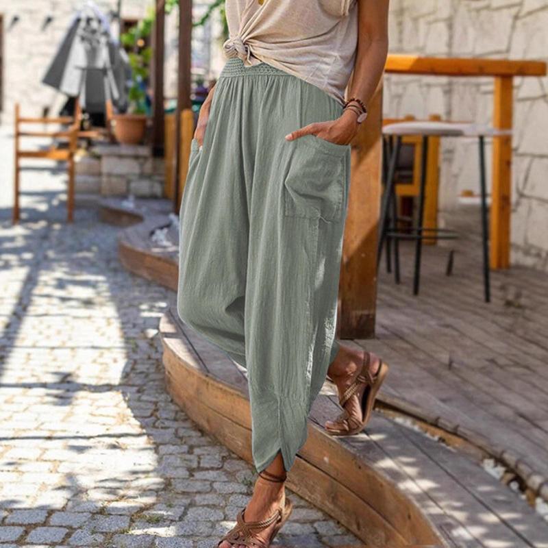 

Women s Linen Cotton Blend Pants High Waist Loose Wide Leg Cropped Harem Trousers with Pockets 3XL зелений