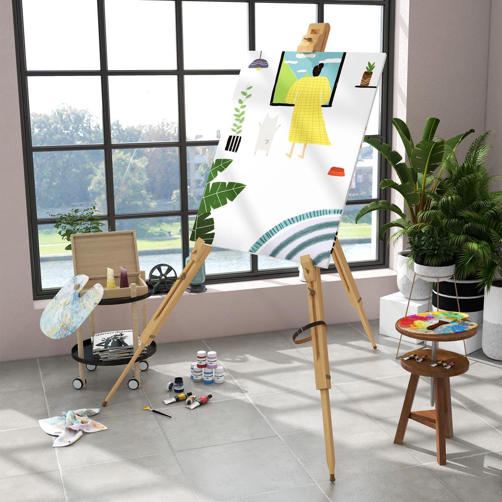 Easel, Height-adjustable, Foldable, Natural Beechwood, for Canvases Up To 107H Cm