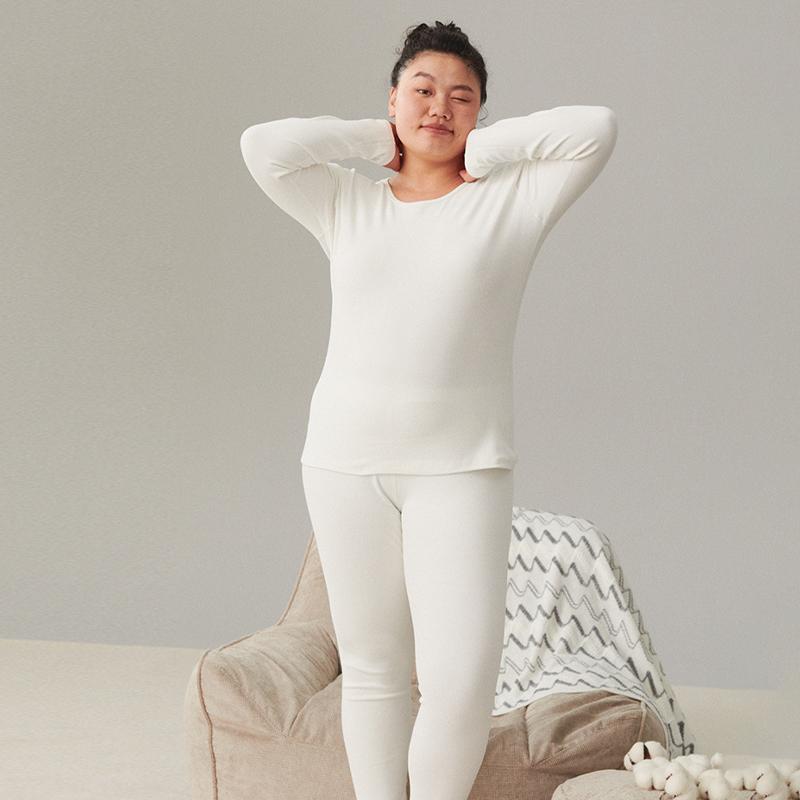 Cotton Thermal Underwear Thickened Plus Size Women's Suit Double-sided Brushed Bottoming Round Neck Winter