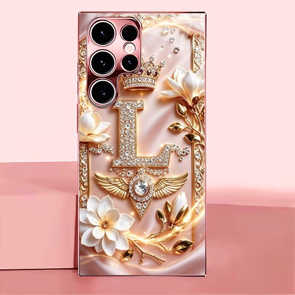 Diamond Letter L Crown phone case s26 ultra case quad lock glass for Samsung Galaxy S26 S25 S24 S23 S22 FE,Ultra,Plus