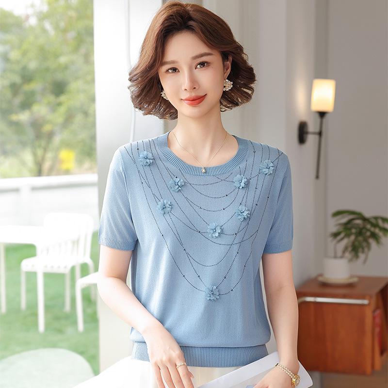 

Elegant Summer Knitwear: Short-Sleeve Round Neck Sweater for Middle-Aged & Elderly Women - Stylish Mother s Outfit 2XL (Recommended 55-60 kg) серо голубой