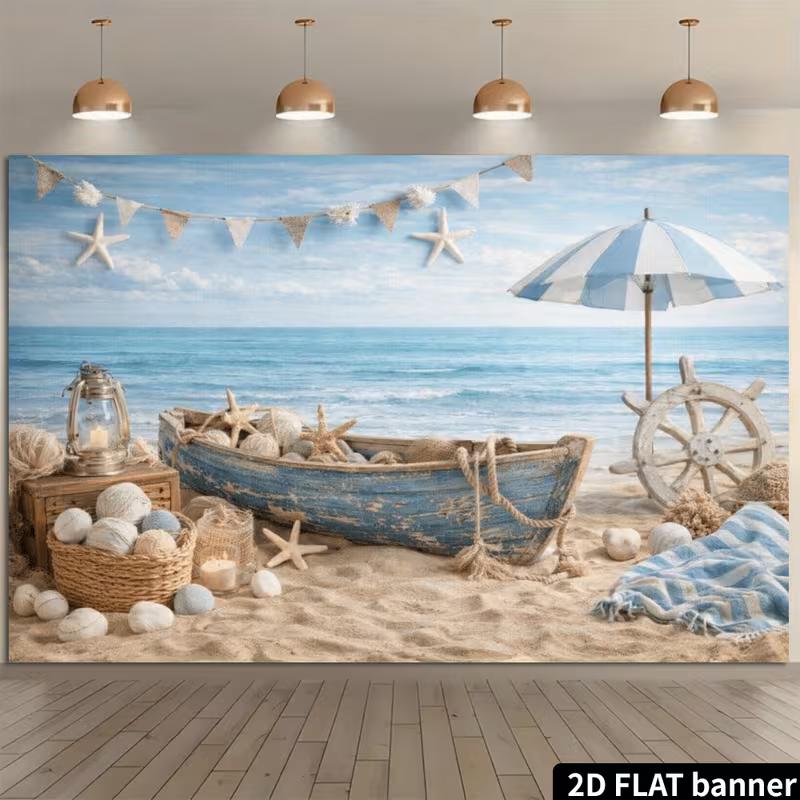 2D Vintage Beach Boat Backdrop for Summer Photoshoot