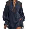 Elegant British Style Long Sleeve High Neck Suede Dress For Casual And Party Wear