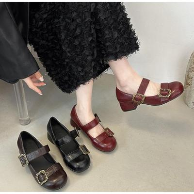 2026Spring Retro Designer Women Mary Jane Shoes New Round Toe Shallow Chunky Heel Shoes Metal Buckle Non-slip Block Heel Pumps
