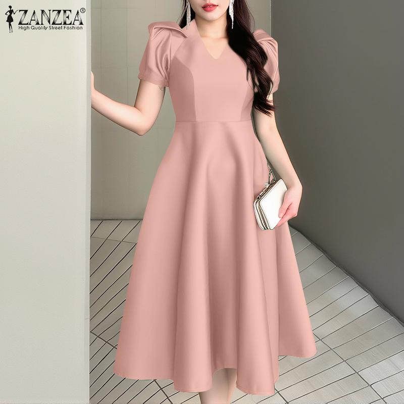 ZANZEA Women Casual V-Neck Short Sleeve Summer A-Line Dress