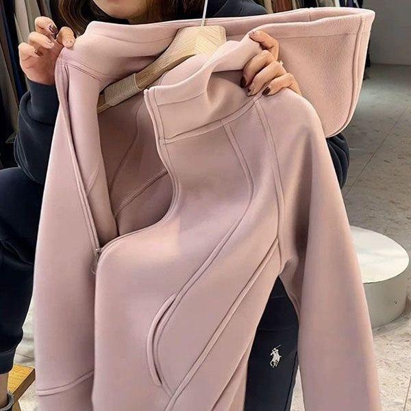 Women's European Style Fleece-Lined Petite Sweatshirt Jacket - Autumn/Winter 2025 Trend