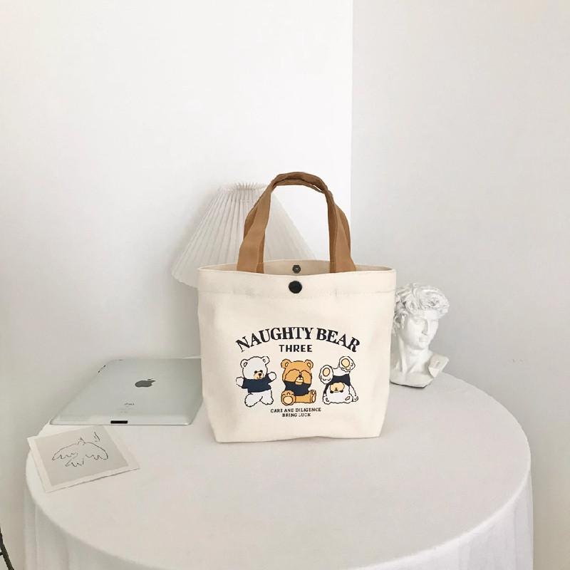 Cute Letters And Cartoon Bear Print Casual Hand Held Canvas Bag For Daily
