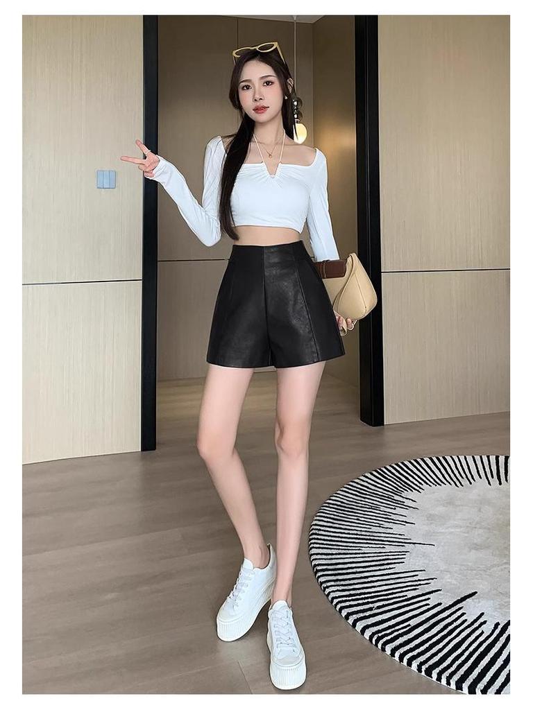 Women's High-Waist Leather Shorts - Slimming A-Line, Wide-Leg, Korean Style for Autumn/Winter 2023