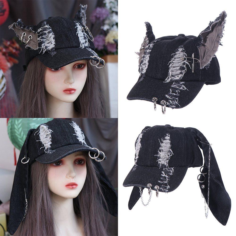 Cappellino da baseball in denim strappato per cucciolo con orecchie da coniglio e catene, cappellino snapback con orecchie da Dobermann per uomo