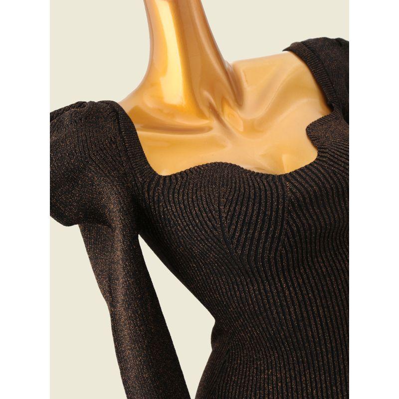 French style Pure Desire Puff sleeve Light Luxury Black Gold Square Collar Sheath Short dress Foreign Trade Slim fit Silver Long sleeve Knitted dress