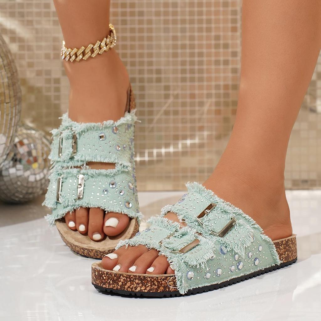 2025 Stylish Women's Rhinestone Flat Sandals - Trendy Cork Beach Design