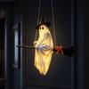 Playful Ghost Face Decoration Halloween Hanging Outdoor Decoration, Spooky LED Light Up Witch Warm Yellow Decor on Broom for Home, Tree, Porch, Patio,