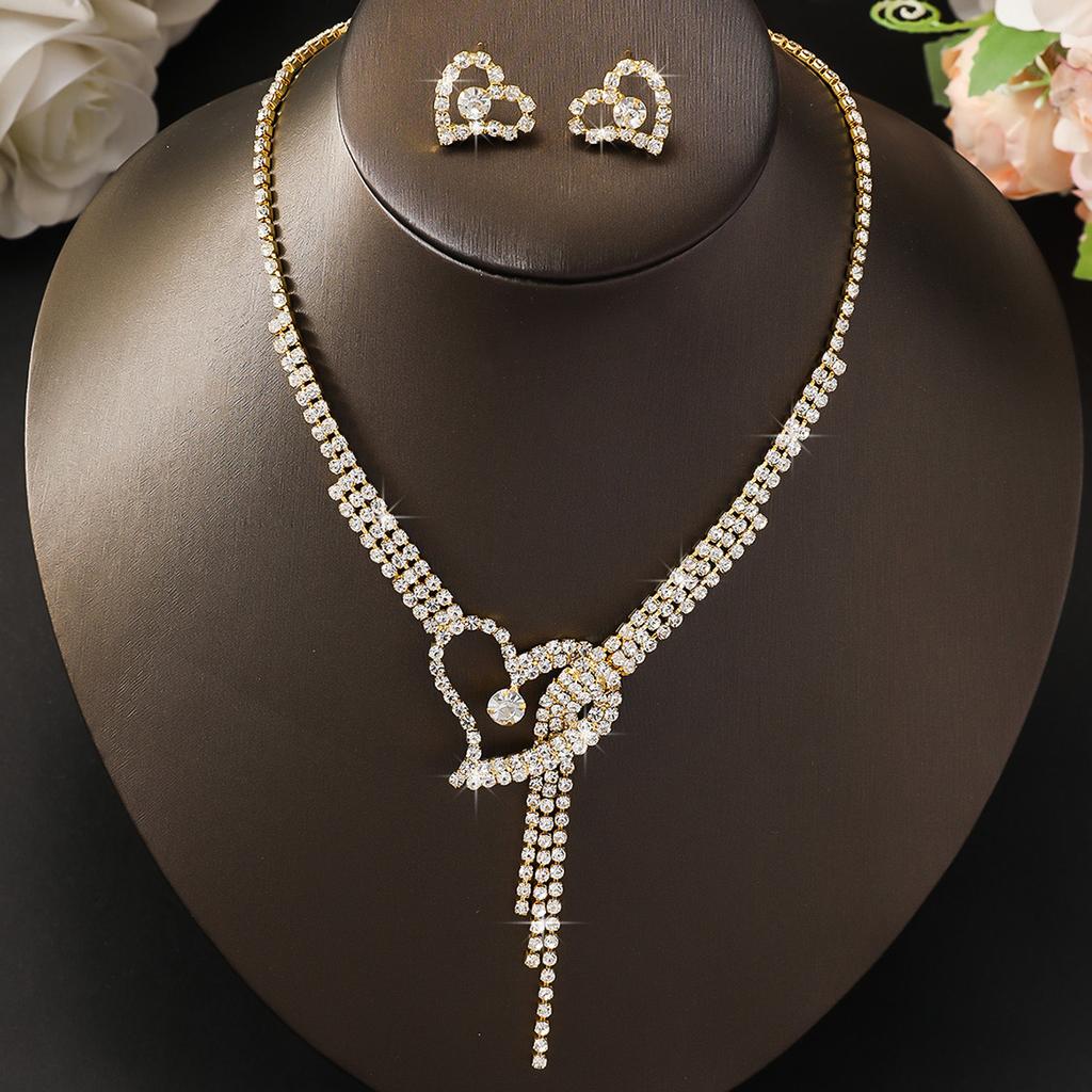 3-teiliges Damenmode Strass Pfirsichherz Halskette Ohrringe Zirkon Set, geeignet für Hochzeiten, Partys und Weihnachtsgeschenke