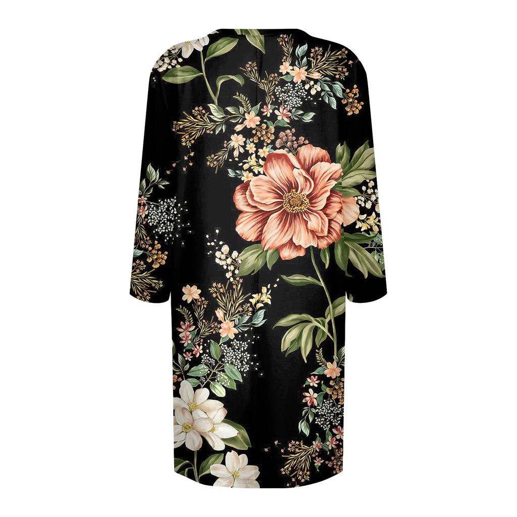 Women's Fashion Casual 3/4 Sleeve Print Round Neck Double Pocket T-Shirt Top