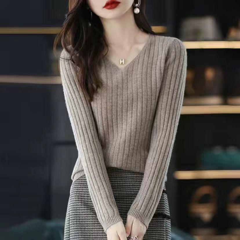 Maglione da Donna Girocollo a V Sottile Manica Lunga Primavera Autunno Sottogiacca Maglione Semplice ed Elegante Top Versatile