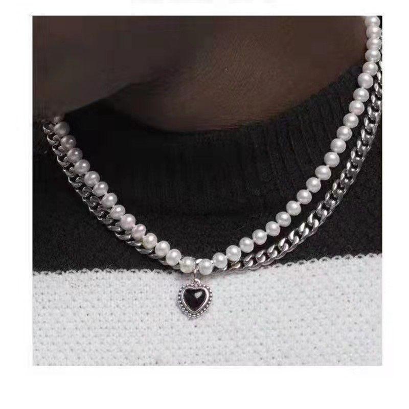European and American Jewelry Black Love Clavicle Chain Retro Hip-hop Double-layered Pearl Necklace