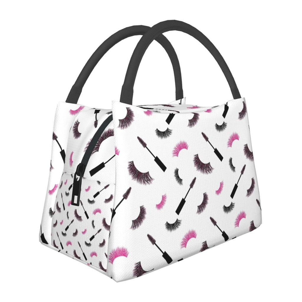 Lashes And Mascara With Pink Glitter Pattern Insulated Lunch Bag for Women Bento Storage Food Boxes Container Thermal Lunch Box