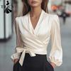 Women's Fashion Casual Spring Autumn Solid Color Print Long Sleeve V-Neck Blouses & Shirts