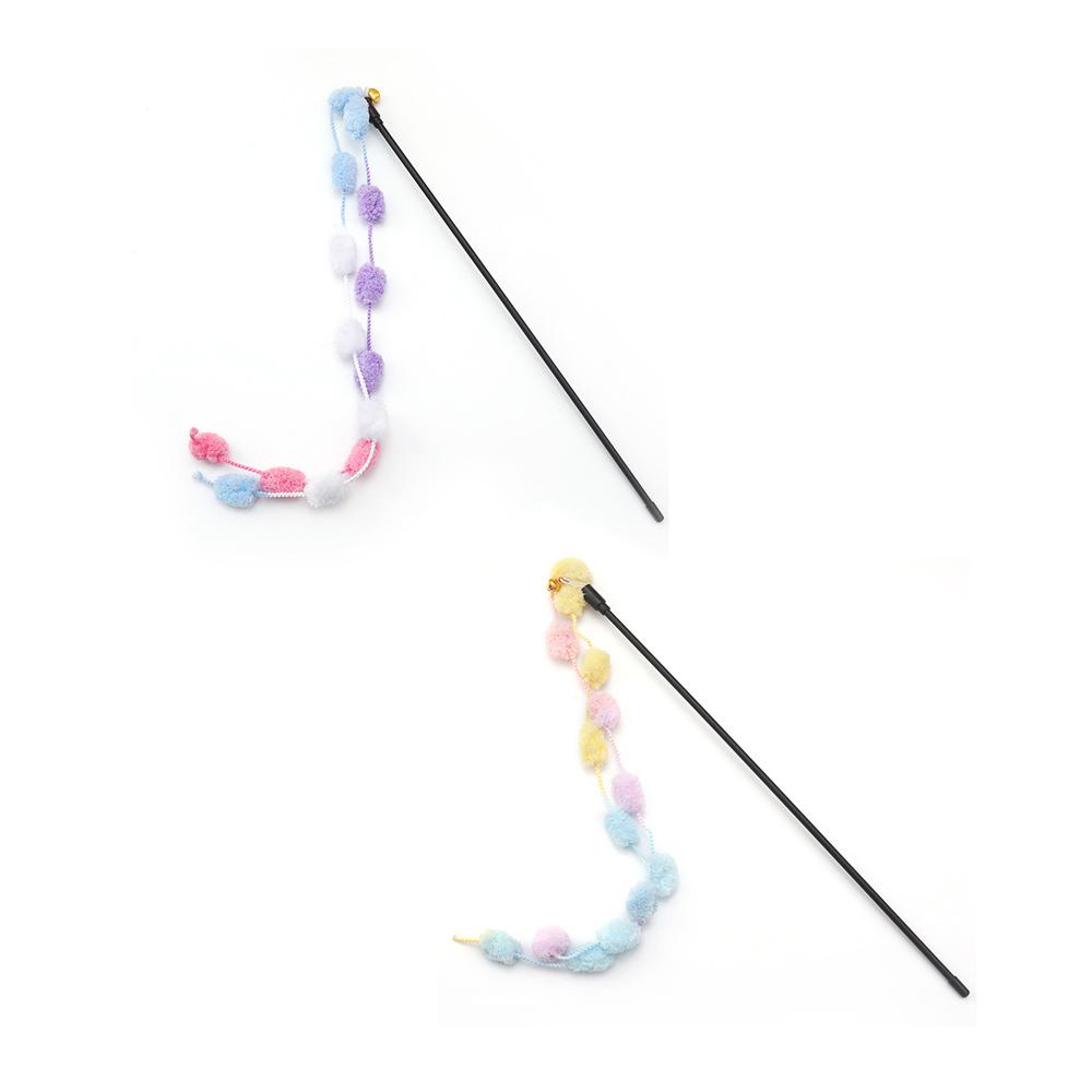 2pcs Tassel Toy Plush Balls Cat Teaser Wand  Interactive Cat Toys Funny Bell Pole Teaser Wand Pet Supplies Accessory
