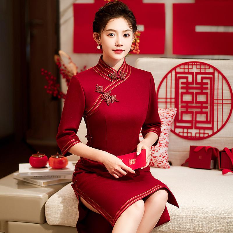 1011 wool woolen medium and long thick style wedding banquet new Chinese style spring and autumn winter cheongsam dress