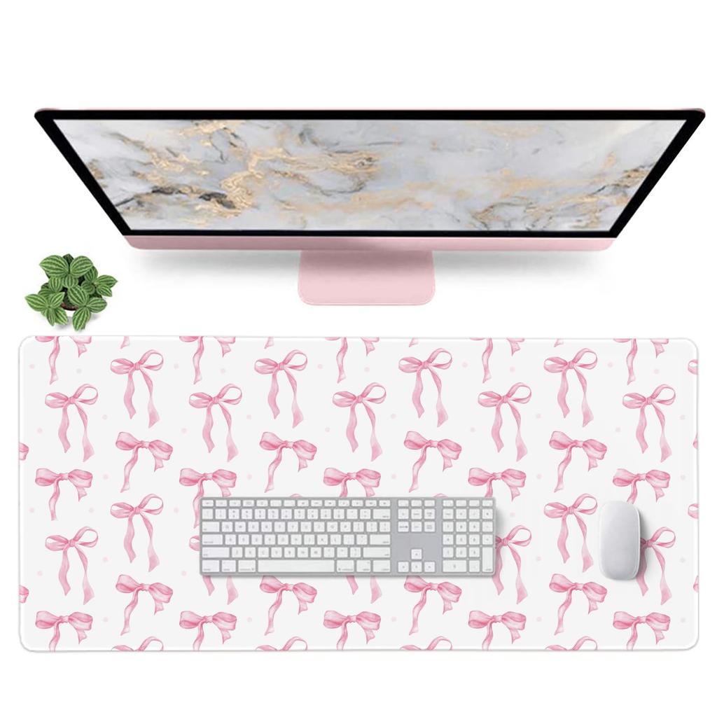 Sweet Pink Dot Bow Mouse Pad Watercolor Ribbon Knot Pattern Non Slip Desk Mat For Gamers Office Home Keyboard Desktop Decor