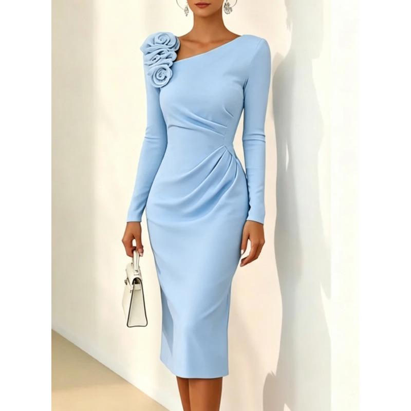 Popolare abito da donna europeo e americano con fiore tridimensionale, spalla obliqua, aderente, elegante gonna a tubino da donna