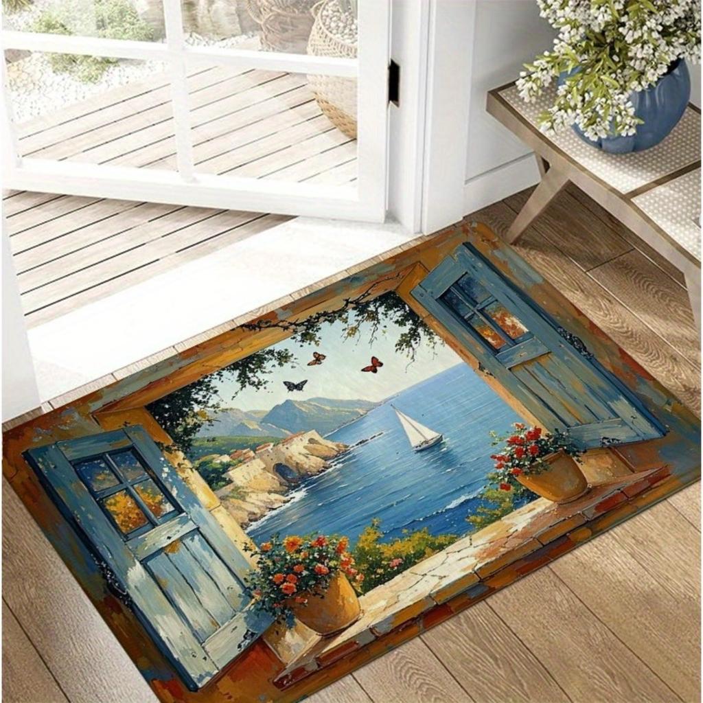 Mediterranean Ocean View Art Printed Door Mat Non-Slip Soft Floor Rug for Entryway Living Room Bedroom Home Decorative Carpet