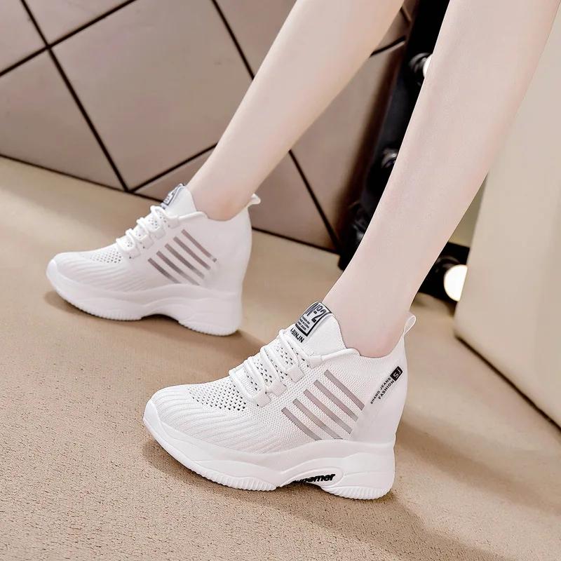 Fashion Classics 8CM Genuine Leather Sneakers Platform Shoes Wedge Hidden Heel Pumps Fashion Ventilate Sneakers Women Summer Shoes