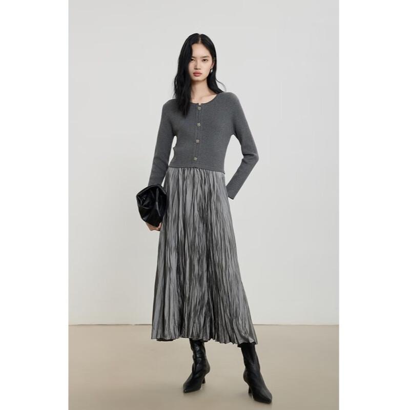 Faux Two-Piece Knitted Patchwork Pleated Midi Dress M
