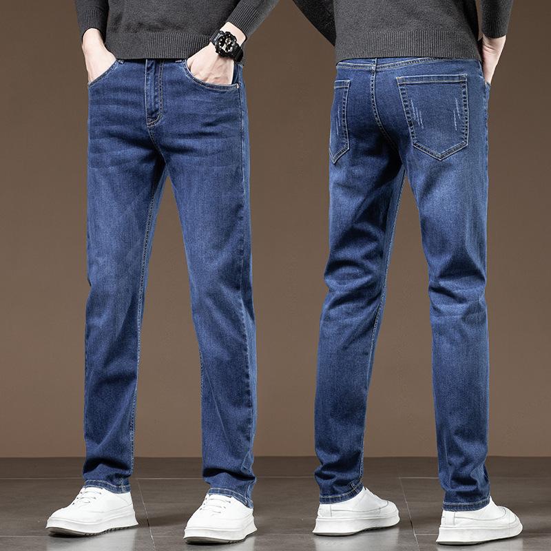 Slim Fit Straight Leg Jeans Men's Summer Thin Denim Casual Long Trousers Trendy Youth Fashion Versatile Classic Blue Pants