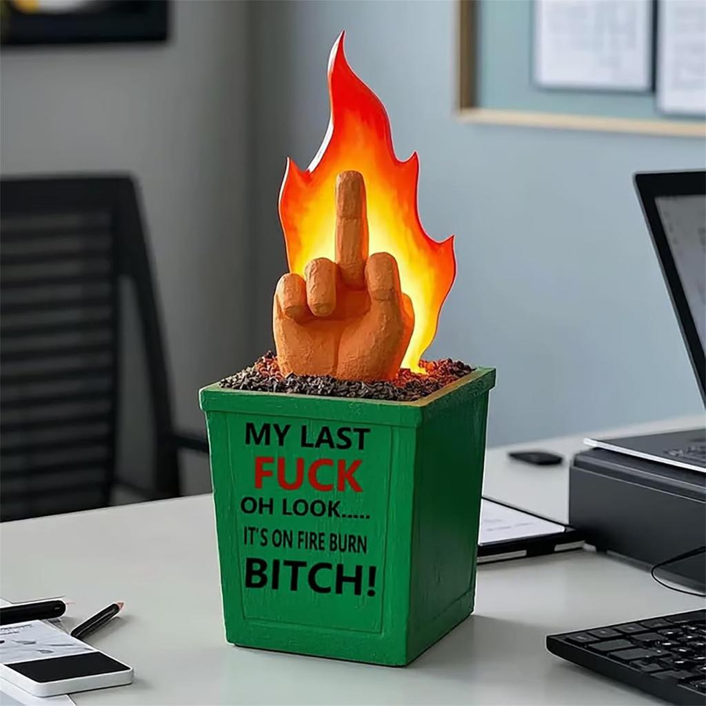 Fun Burn Fire Statue,Dumpster Middle Finger Burn Fire Statue Decor,Funny Middle Finger Dumpsters Fire Desktop