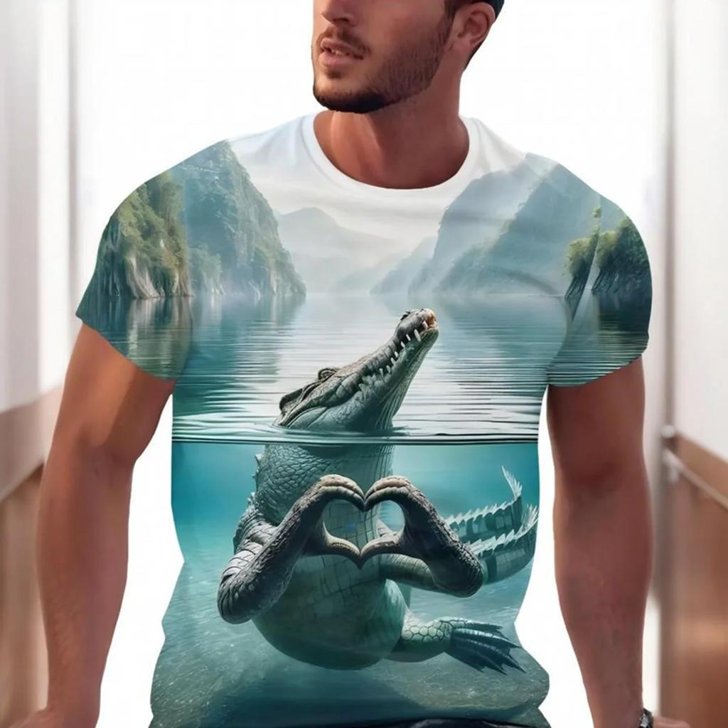 Men's 3D Crocodile Pattern Short-Sleeve T-shirt Ribbed Crew Neck Summer Breathable Party Casual Men's Clothing