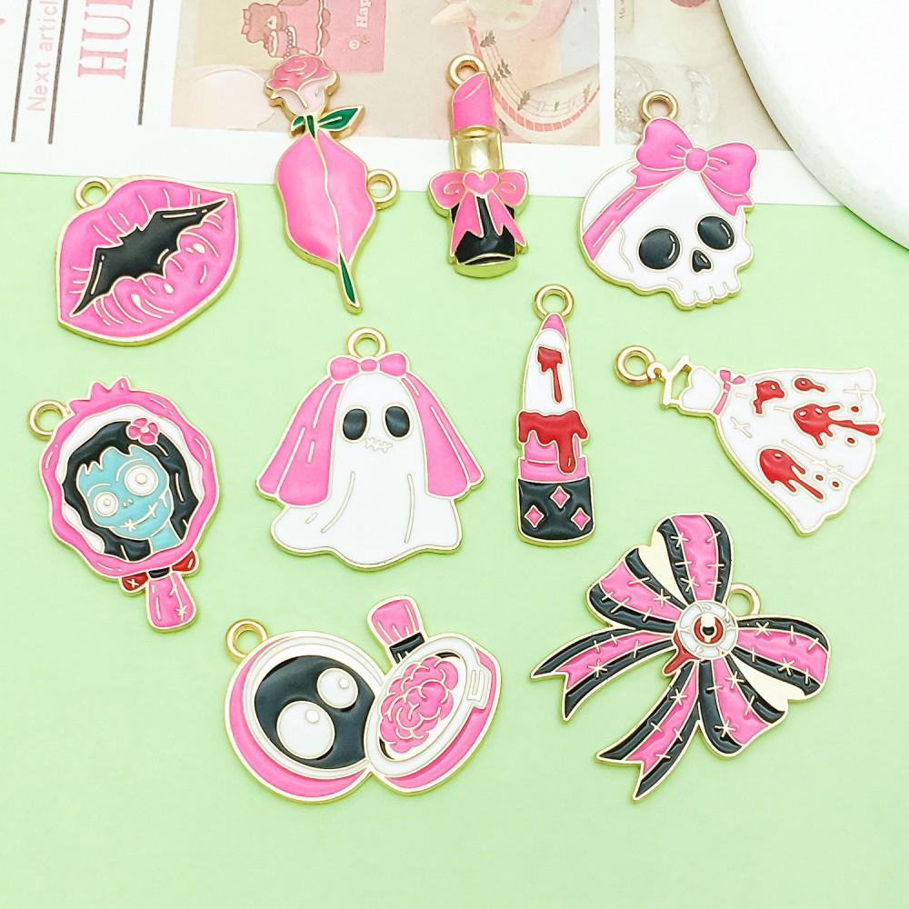 Set of 10 Mixed Rose Red and Pink Alloy Skull Pendant Charms for DIY Jewelry