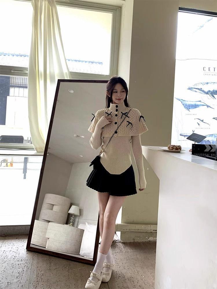 Maillard Style Women's Slim Fit Poncho Cape Bow Knitwear for Autumn/Winter