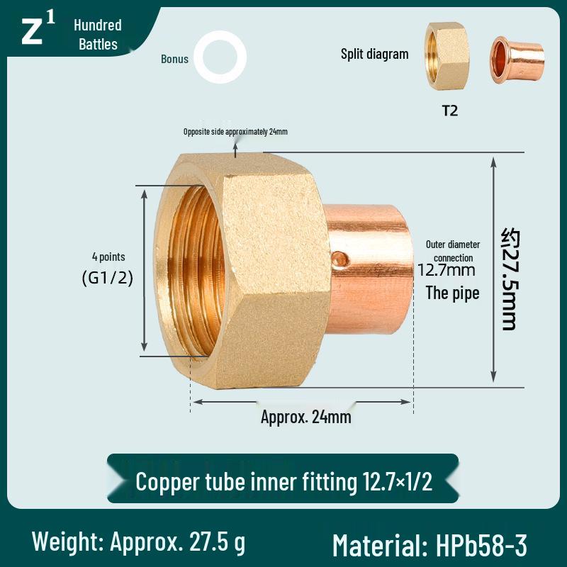 

Copper Pipe Internal Thread Socket Union 4/6 Point Connector 16/22/28mm Purple Copper Water/Air Conditioning Pipe Welding