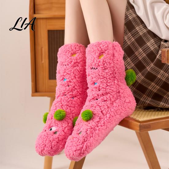 Cozy Cartoon Pattern Socks Thickened Floor for Women, Non-Slip Mid-Calf Socks, Thermal Winter Comfortable Elastic Ribbed Slippers Soft Fuzzy