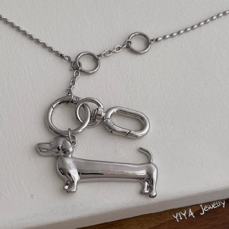 Cartoon Dog Pendant Necklace With Long Beaded Chain Versatile Fashion Statement Clavicle Jewelry Accessory