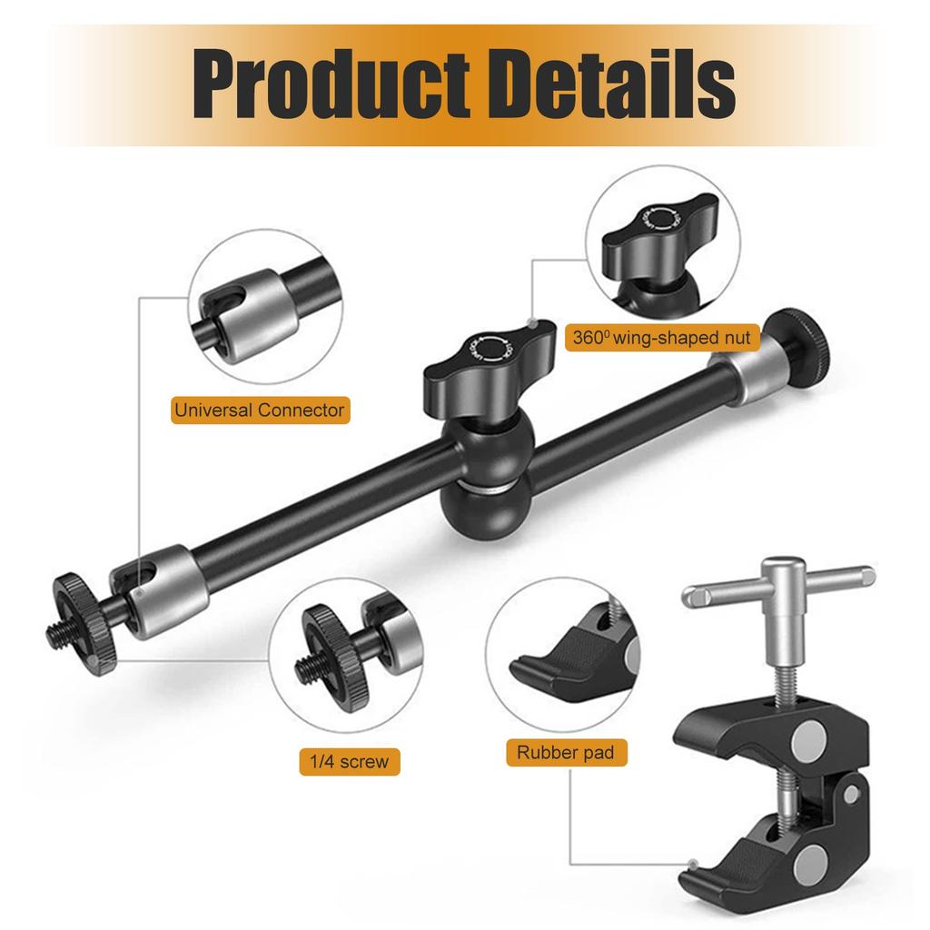 Clamp W/ 1/4in And 3/8in Thread And 9.8 Inches Adjustable Friction Power Articulating Arm With 1/4in Thread Screw For LCD Monitor/LED Lights