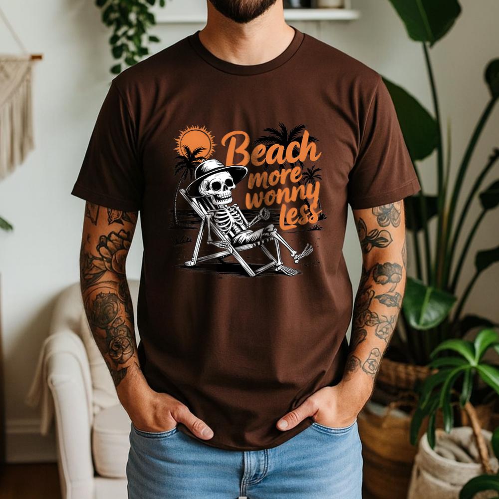 New Summer Unisexs 100 Pure Cotton TShirt Beach More Worry Less Retro Skeleton Style Casual Breathable Short Sleeve