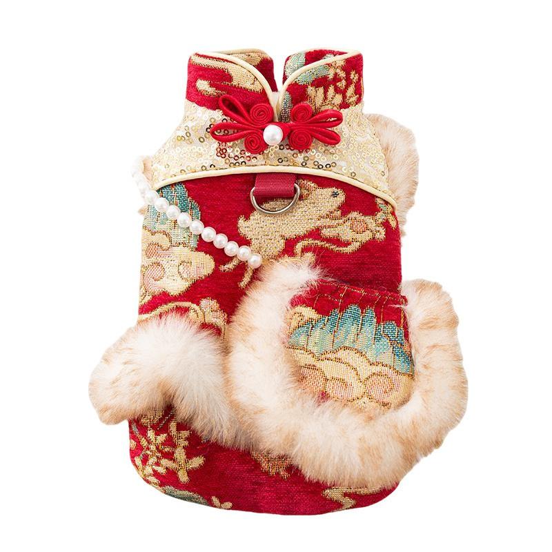 Pet Cat Dog Winter Warm Chinese Style Dress With Button Knot Design Festive New Outfit Small Pets
