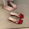 2025 summer French temperament socialite rhinestone open-toed word with thick heels high heels gentle fairy cool slippers