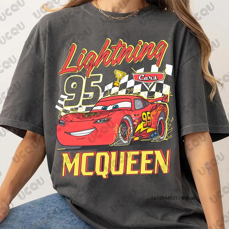 Vintage Lightning Mcqueen 95 Racing Cars Print Cotton TShrit For Women Summer Short Sleeve Oneck Tees Casual Y2K Couples Tops S