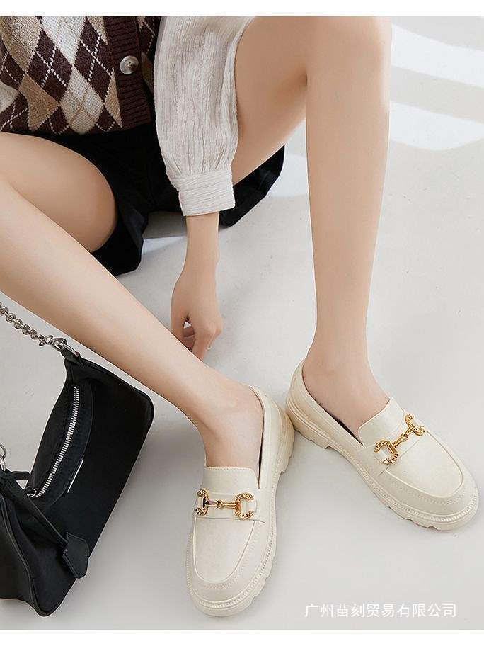 British Style Retro Small Gold Buckle Round Head Spring and Autumn Thick Sole One Pedal PVC Loafers Women's Shoes
