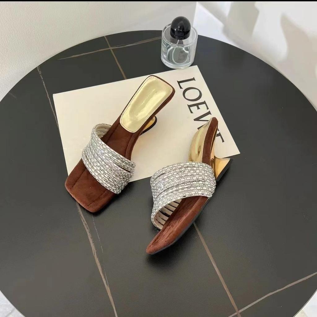 French Style Rhinestone Sandals for Summer Wear In 2026 with a Mid Heel and High Heels and Square Toe Sandals